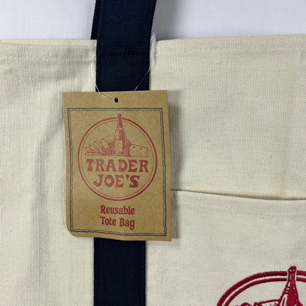 Trader Joe's Canvas Reusable Tote Bag – Cream & Navy Blue Embroidered Logo